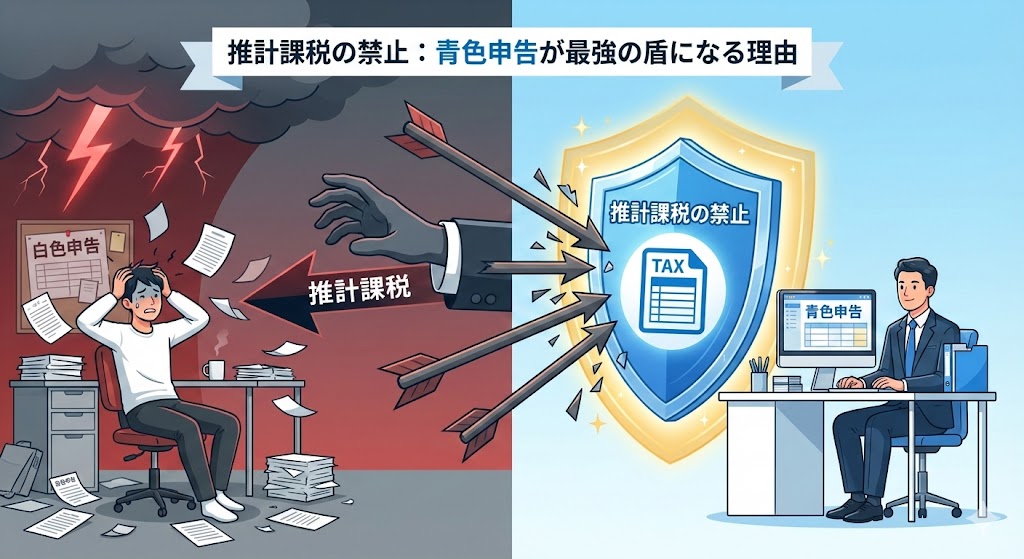 税務署が勝手に所得を決める「推計課税」。実は青色申告者にはこの推計課税が法的に禁止されています。白色申告のリスクと、青色申告だけの特権「推計課税の禁止」「更正の理由付記」について、個人事業主向けにわかりやすく解説します。