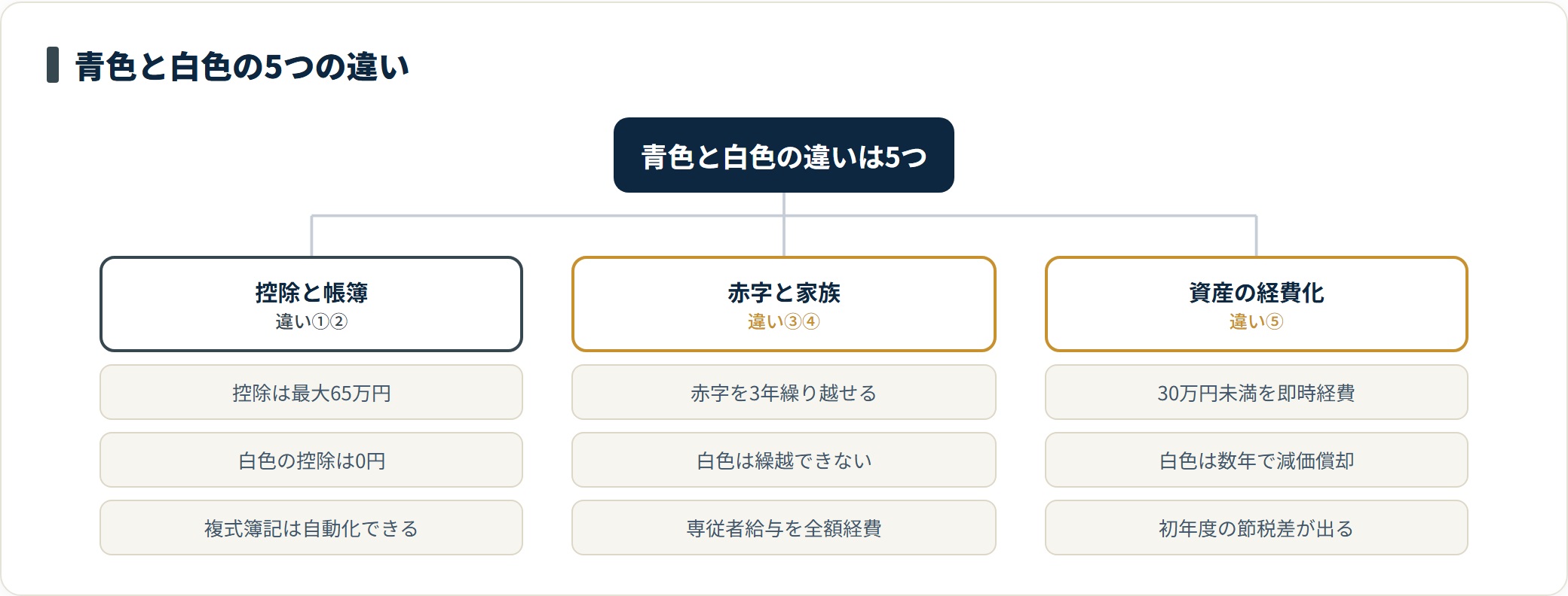 青色申告と白色申告の違いを、控除額と帳簿、赤字の繰越と専従者給与、資産の経費化という3グループに整理した図。